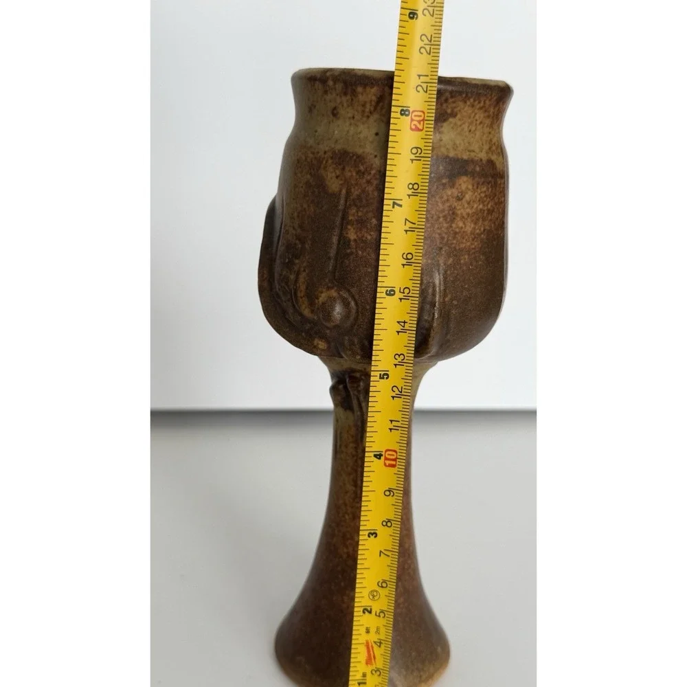 Flat Earth Studio Pottery Goblet Signed DK3 or DKB 1981 Rustic Brown 8.5